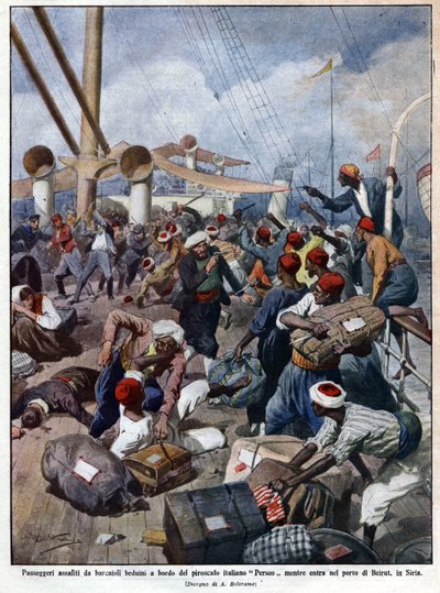 De Italiaanse lijnboot "Perseo" bij de binnenkomst in de haven van Beiroet in Syrië wordt bestormd door zeerovers - in "La Domenica del Corriere" 07/1913. Illustratie van Beltrame. door Achille Beltrame