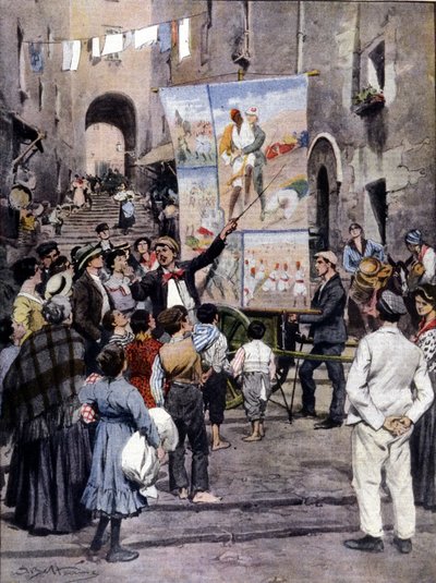 De Poëzie van de Oorlog: De nieuwste populaire liedjes geïnspireerd door de Libische Oorlog worden op straat gezongen door straatartiesten in Napels. Ill. de Beltrame. La Domenica del Corriere. 1912 door Achille Beltrame