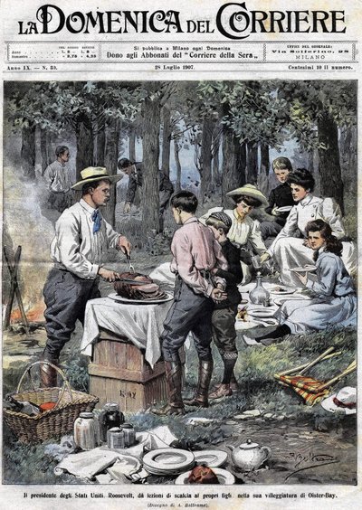 De president van de Verenigde Staten Theodore Roosevelt (1858 - 1919) leerde zijn zonen de plichten van een man van goede samenleving door zijn been af te hakken tijdens een picknick in zijn tweede residentie in Oister Bay. Illustratie door Achille Beltram door Achille Beltrame