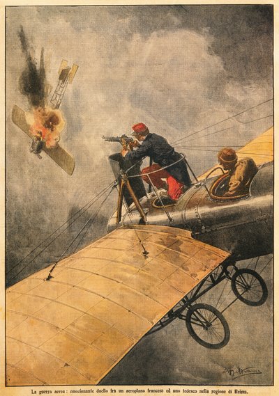 De oorlog in de lucht: Duel tussen Frans vliegtuig en Duits vliegtuig boven Reims, door Achille Beltrame (1871-1945), uit La Domenica del Corriere, 25 oktober 1914 door Achille Beltrame