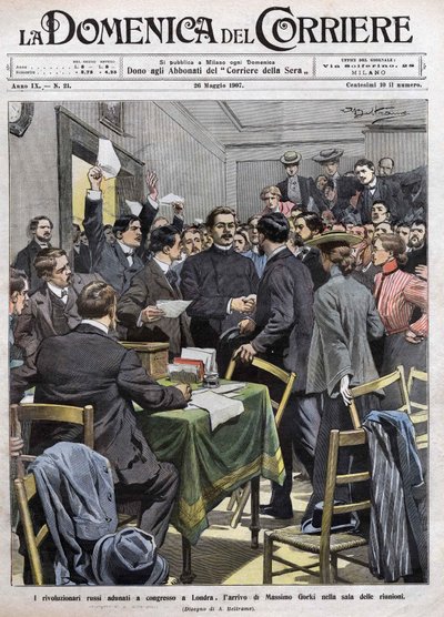 De aankomst van Maxim Gorki in de vergaderzaal op het congres in Londen na de revolutie van 1905 in Rusland. Omslag van La Domenica del Corriere van 26/05/1907. door Achille Beltrame