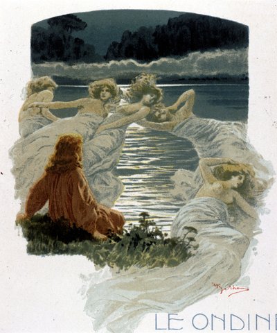 De personages van de ondines, jonge nimfen van de wateren van de Germaanse mythologie. Illustratie door A. Beltrame. door Achille Beltrame