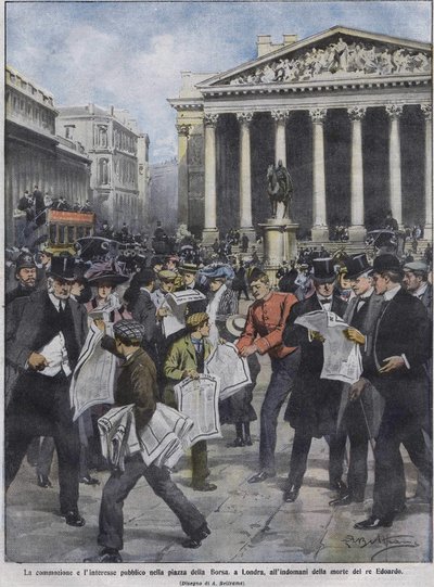 De dag na de dood van koning Edward VII. Illustratie door Achille Beltrame. Mei 1910. door Achille Beltrame
