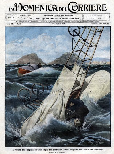 Het drama van de lucht: het tragische einde van vliegenier Leblon in de baai van San Sebastian. Illustratie van Beltrame. La Domenica del Corriere. 10-17/04/1910. door Achille Beltrame