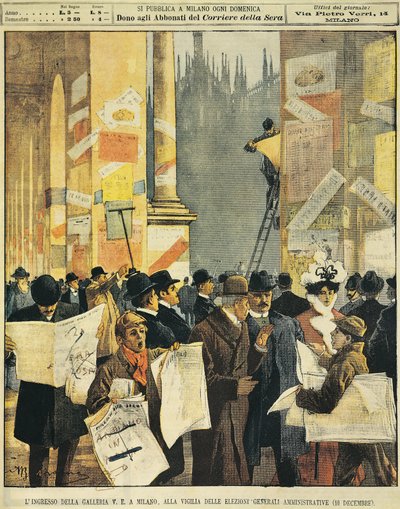 De ingang van Galleria Vittorio Emanuele in Milaan, aan de vooravond van de algemene administratieve verkiezingen, door Achille Beltrame (1871-1945), uit La Domenica del Corriere door Achille Beltrame
