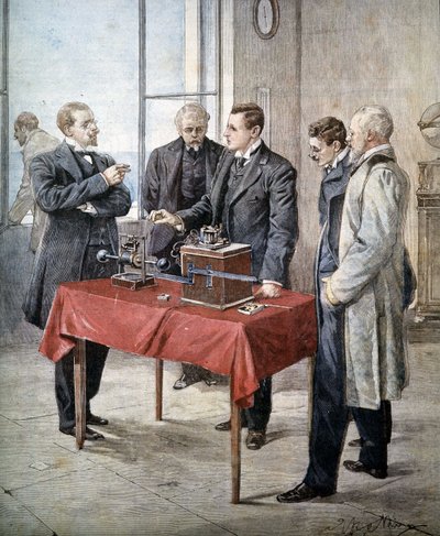 De ervaringen van Guglielmo Marconi (1874 - 1937) in 1899: Draadloze telegrafie over het Kanaal. Illustratie door Achille Beltrame in "Domenica del Corriere". door Achille Beltrame