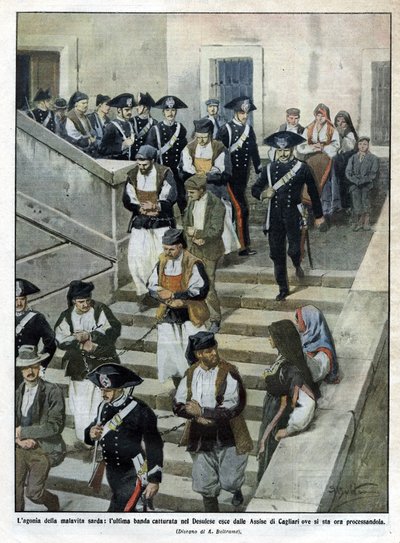 De laatste bende Sardijnse misdadigers bij het verlaten van het Hof van Assisen in Cagliari waar het proces plaatsvindt. Illustratie door Beltrame. La Domenica del Corriere. 07/1913 door Achille Beltrame