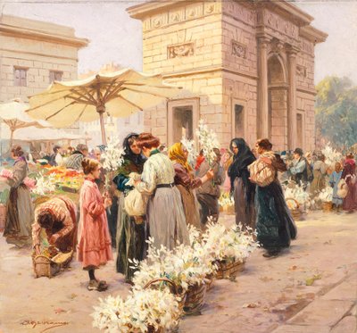 De leliemarkt bij Porta Garibaldi in Milaan, uit La Domenica del Corriere, Italië 20e eeuw door Achille Beltrame