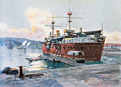 Het oude schip Castelfidardo in La Spezia door Achille Beltrame