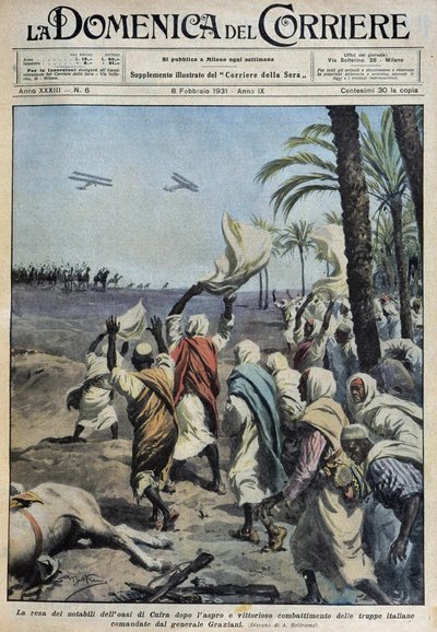 De overgave van de notabelen van de oase van Koufra (Qufra of Cufra, Libische Sahara) na de moeilijke en zegevierende slag van de Italiaanse troepen onder bevel van generaal Graziani - tekening van A. Beltrame in 