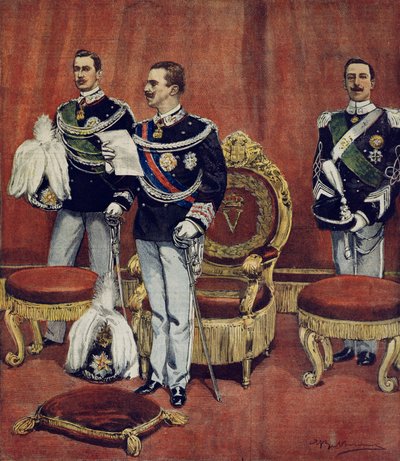 De beëdiging van Koning Vittorio Emanuele III in de Senaatskamer in Rome, uit La Domenica del Corriere door Achille Beltrame