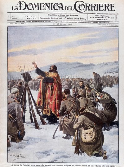De oorlog in Polen, een Russische priester roept God aan om het Russische leger te helpen, tijdens een mis op het slagveld. Voorpagina van 
