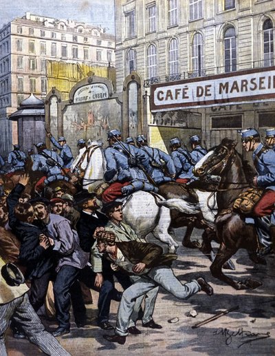 De arbeidersstakingen in Marseille: de huzaren in actie op de Canebière. Illustratie door Beltrame. La Domenica del corriere. 1901. door Achille Beltrame