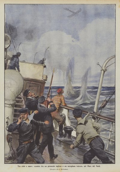 Tussen hemel en zee, botsing tussen een Engels stoomschip en een Duits vliegtuig in de Noordzee door Achille Beltrame