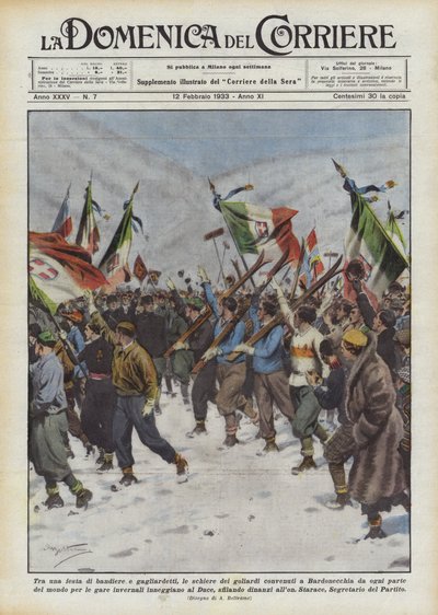 Tussen een feest van vlaggen en vaandels, de rijen van de goliarden verzameld in Bardonecchia door Achille Beltrame