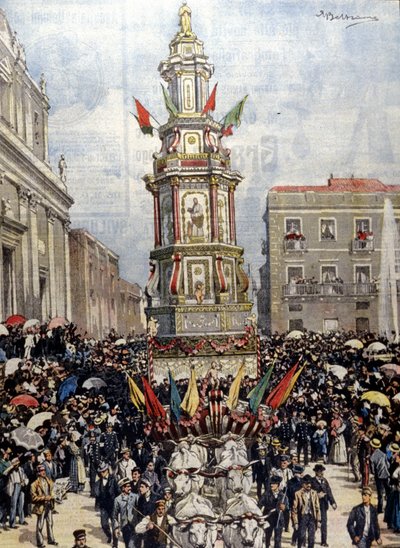 Traditioneel Siciliaans festival: een tank in processie naar Casteltermini (Girgenti). Ill. door Beltrame. La Domenica del Corriere. 1904. door Achille Beltrame
