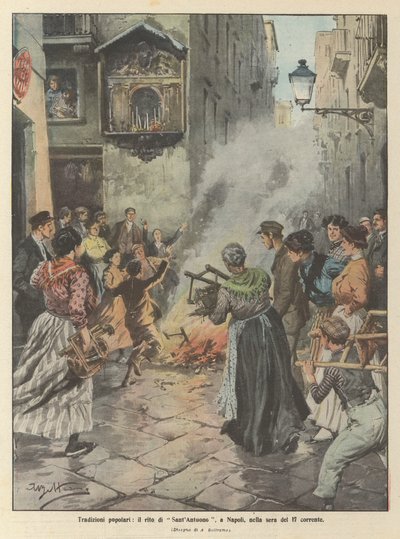 Volksgebruiken, het ritueel van Sint-Antonius, in Napels, op de avond van de 17e van deze maand door Achille Beltrame