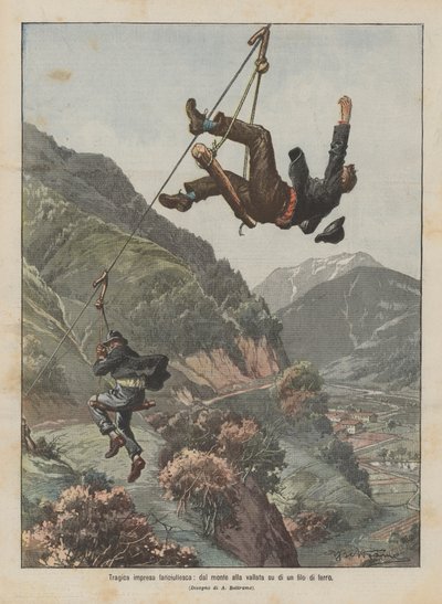 Tragische kinderonderneming, van de berg naar de vallei op een ijzerdraad door Achille Beltrame