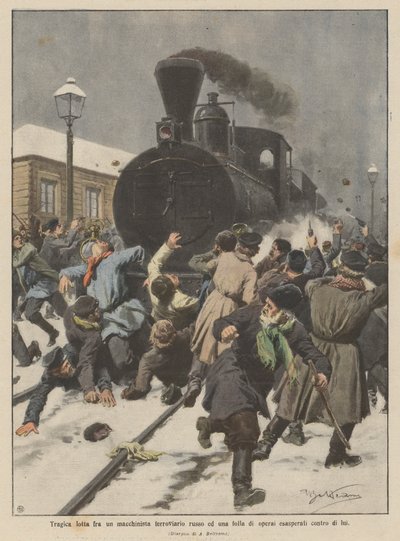 Tragisch gevecht tussen een Russische machinist en een menigte woedende arbeiders tegen hem door Achille Beltrame