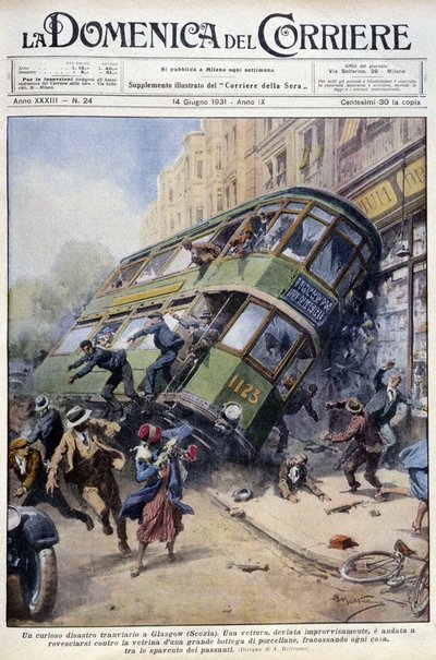 Tramongeluk in Glasgow, Schotland: een van de wagens kantelde op een porseleinen vitrine en op voorbijgangers - tekening door A. Beltrame, in 