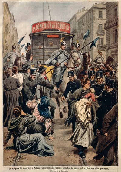 Tramstaking in Milaan, illustratie door Achille Beltrame