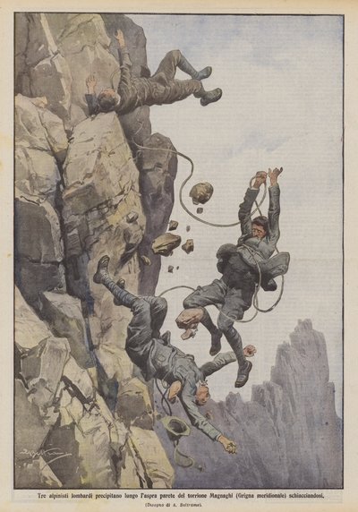 Drie Lombardische alpinisten vallen van de steile wand van de Magnaghi-toren (Zuidelijke Grigna) en worden verpletterd door Achille Beltrame