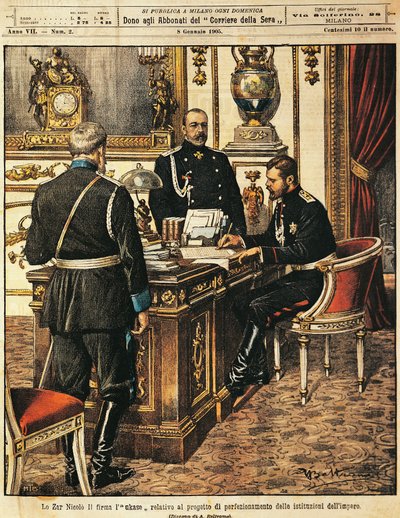 Tsaar Nicolaas II ondertekent project voor institutionele hervormingen, uit La Domenica del Corriere, 8 januari 1905 door Achille Beltrame