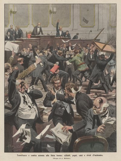 Tumultueuze en komische scène in de Boheemse Landdag, klappen, vuistslagen, schoppen en inktstromen door Achille Beltrame