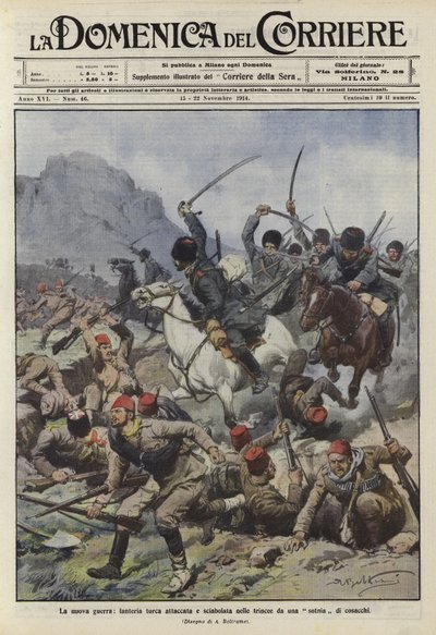 Turkse infanterie aangevallen in de loopgraven door een compagnie Kozakken door Achille Beltrame