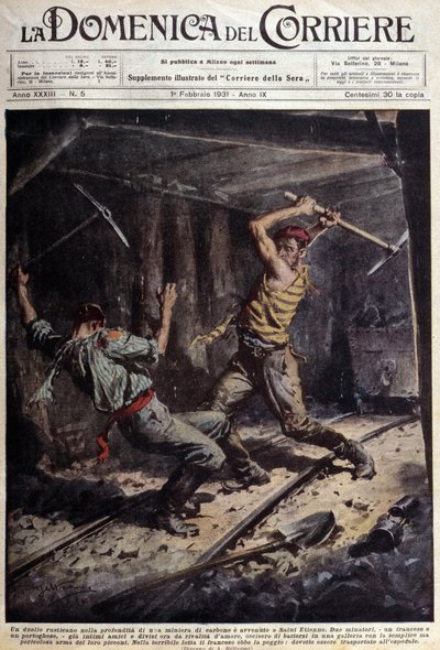 Twee Franse en Portugese mijnwerkers vechten met hun bijlen in een galerij vanwege een liefdesverhaal - tekening door A. Beltrame, in 