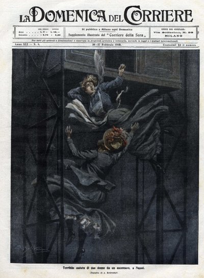 Twee vrouwen vielen uit een lift in Napels in 1910. door Achille Beltrame