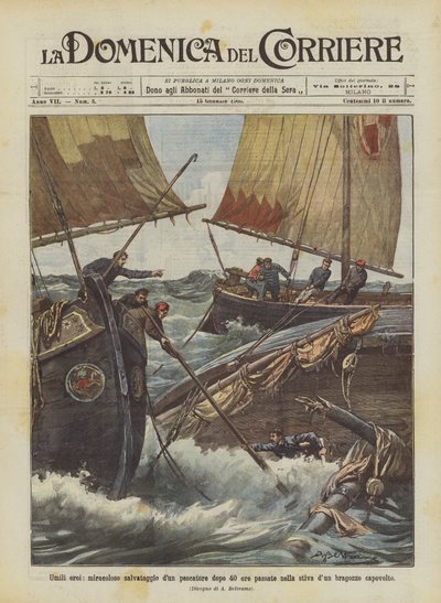 Bescheiden helden, wonderbaarlijke redding van een visser na 40 uur in het ruim van een omgeslagen vissersboot door Achille Beltrame