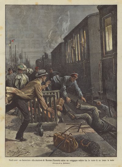 Nederige helden, een spoorwegarbeider op het station van Marano (Venetië) redt een gevallen collega tussen de wielen door Achille Beltrame