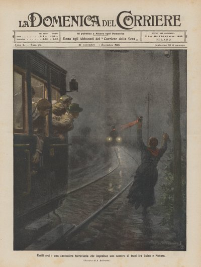 Bescheiden helden, een spoorwegwachter die een treinbotsing tussen Luino en Novara voorkomt door Achille Beltrame
