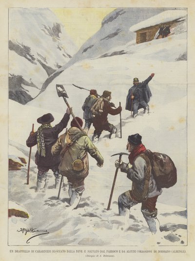 Een groep carabinieri geblokkeerd door de sneeuw en gered door de pastoor en enkele moedige mensen van Boissano (Albenga) door Achille Beltrame