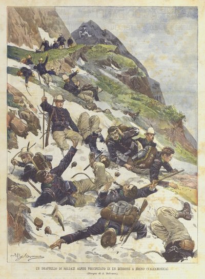 Een Detachement van Alpen Soldaten Valt in een Ravijn in Breno (Valcamonica) door Achille Beltrame