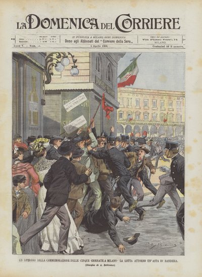 Een episode van de herdenking van de vijf dagen in Milaan, de strijd om een vlaggenmast door Achille Beltrame