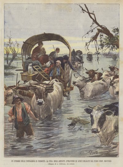 Een Episode van de Overstromingen in Piemonte, De Vlucht van de Inwoners door het Overstroomde Water door Achille Beltrame
