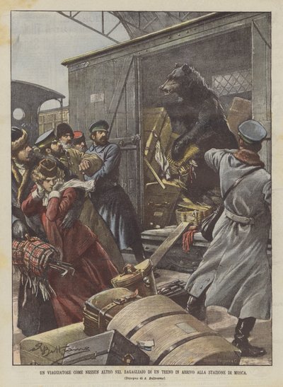 Een reiziger als geen ander in de bagageruimte van een trein die aankomt op het station van Moskou door Achille Beltrame