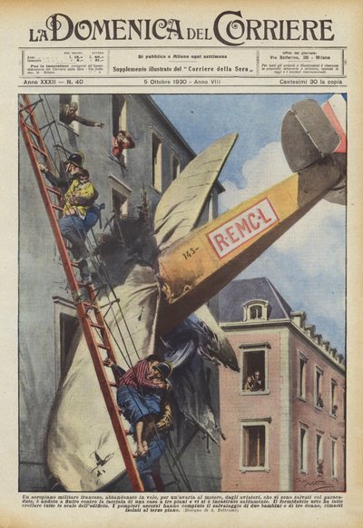 Een Frans militair vliegtuig, verlaten tijdens de vlucht vanwege een motorstoring, door de vliegers... door Achille Beltrame
