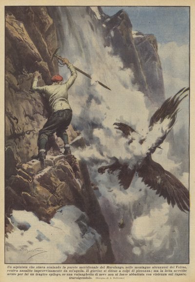 Een alpinist die de zuidelijke wand van de Murolungo beklom, in de Abruzzen door Achille Beltrame