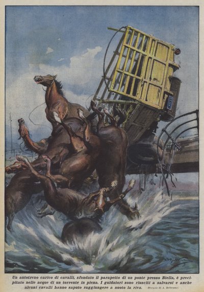Een vrachtwagen vol paarden stort door de reling van een brug bij Biella door Achille Beltrame
