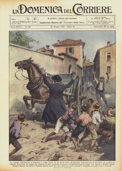 Een op hol geslagen paard rende door een dorp in Bergamo en bedreigde door Achille Beltrame