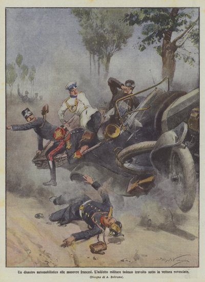 Een auto-ongeluk tijdens de Franse manoeuvres, de Duitse militaire attaché onder de omgeslagen auto verpletterd door Achille Beltrame
