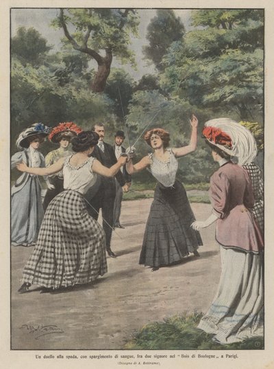 Een duel met zwaarden, met bloedvergieten, tussen twee dames in het Bois de Boulogne in Parijs door Achille Beltrame