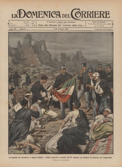 Een episode van de aardbeving in Reggio Calabria, overlevende en stervende soldaten van het 22e infanterieregiment door Achille Beltrame