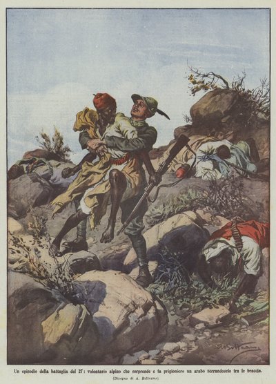 Een episode van de slag van de 27e, vrijwillige alpino die een Arabier verrast en gevangen neemt ? door Achille Beltrame