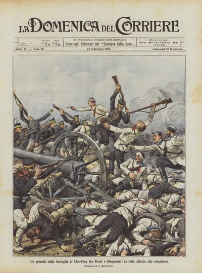 Een episode van de slag bij Liao-Yang tussen Russen en Japanners, de strijd rond de artillerie door Achille Beltrame