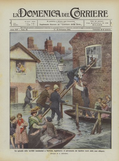 Een episode van de verschrikkelijke overstromingen in Norwich, Engeland, de redding van kinderen door Achille Beltrame