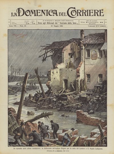 Een episode van de laatste overstromingen, de vernietiging van de Origoni-fabriek door de doorbraak van de Lambro door Achille Beltrame